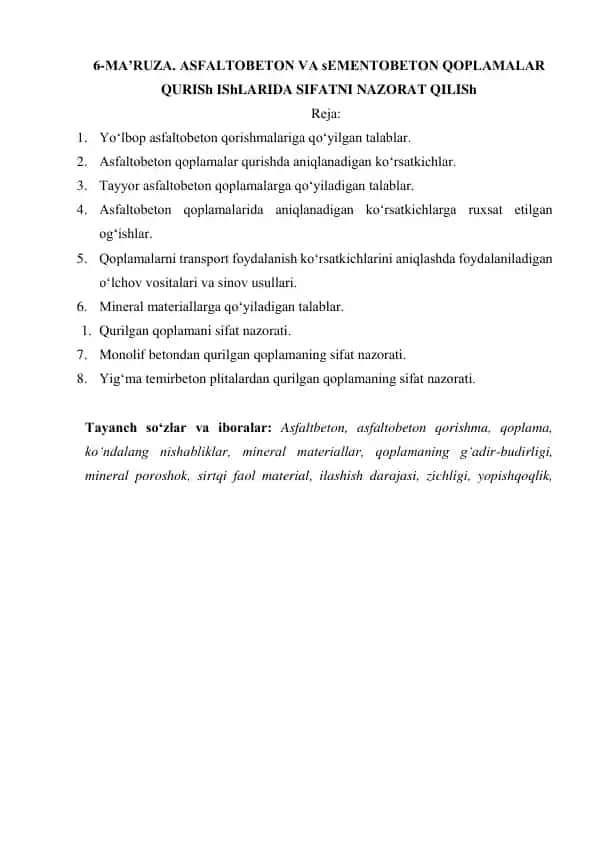 Asfaltobeton va Sementobeton Qoplamalar
