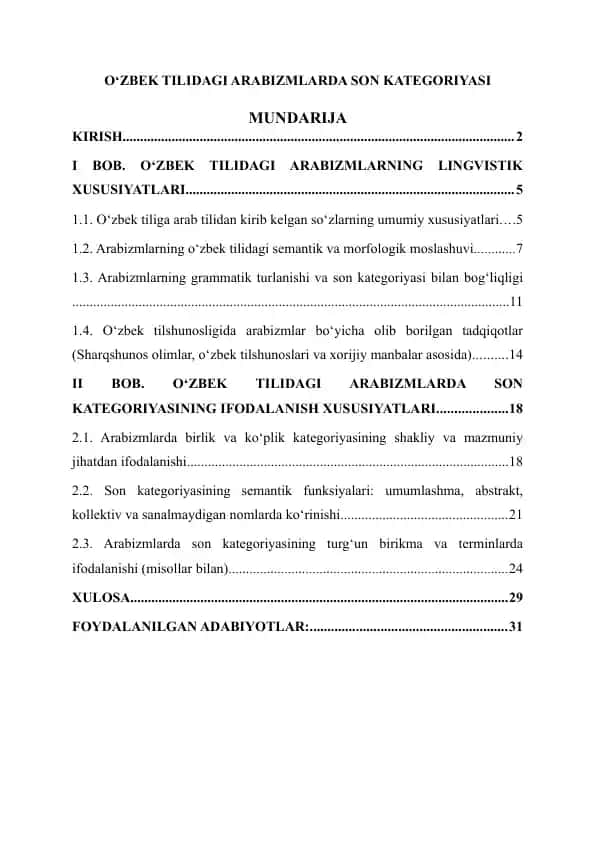 O‘zbek tilidagi Arabizmlarda Son Kategoriyasi