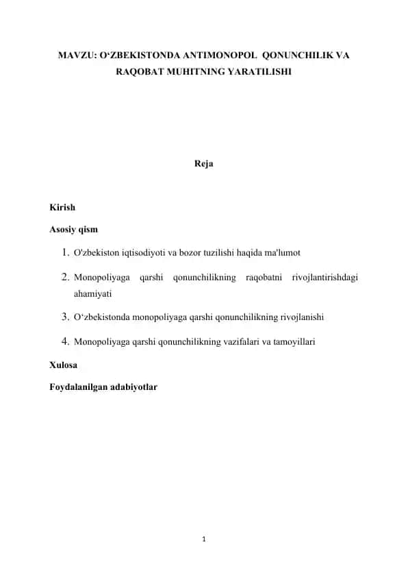 O‘ZBEKISTONDA ANTIMONOPOL QONUNCHILIK VA RAQOBAT MUHITNING YARATILISHI
