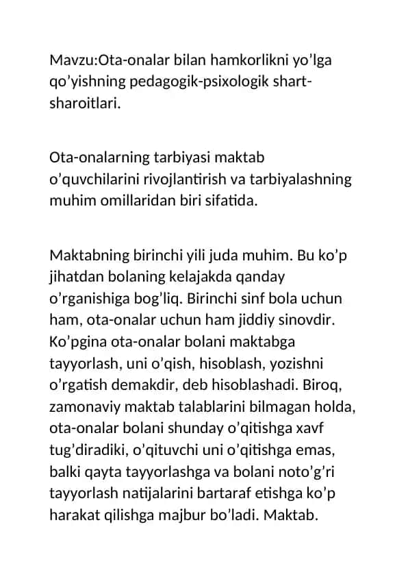 Ota-onalar bilan hamkorlikni yo’lga qo’yishning pedagogik-psixologik shart-sharoitlari.