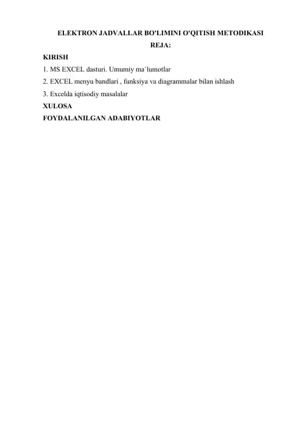 Elektron jadvallar bo'limini o'qitish metodikasi