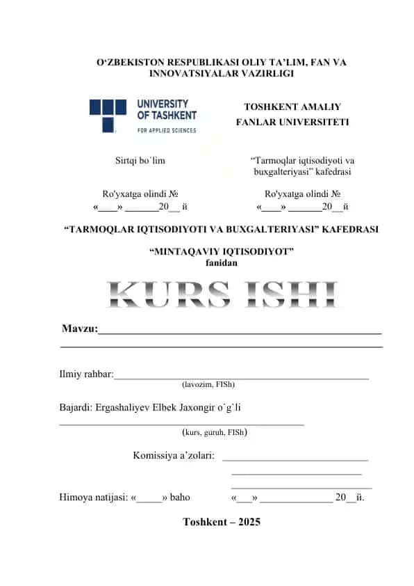 Kurs ishi "Mintaqaviy iqtisodiyot"