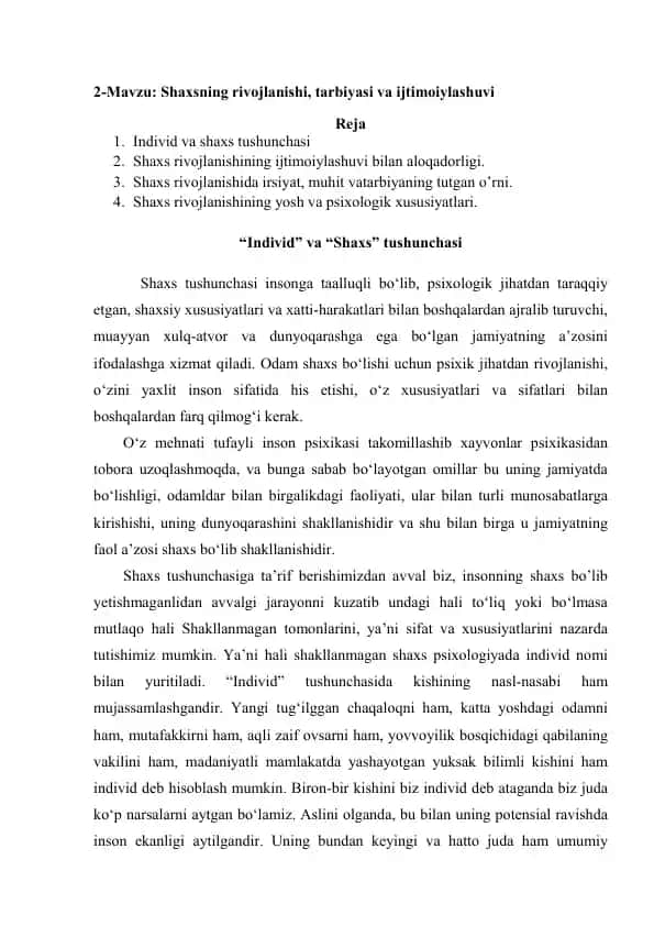 Shaxsning rivojlanishi, tarbiyasi va ijtimoiylashuvi