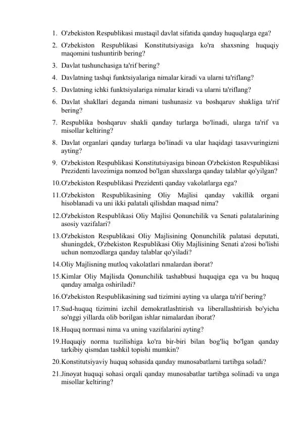 O'zbekiston Respublikasi Davlat tizimining tuzilishi va boshqaruv shakllari
