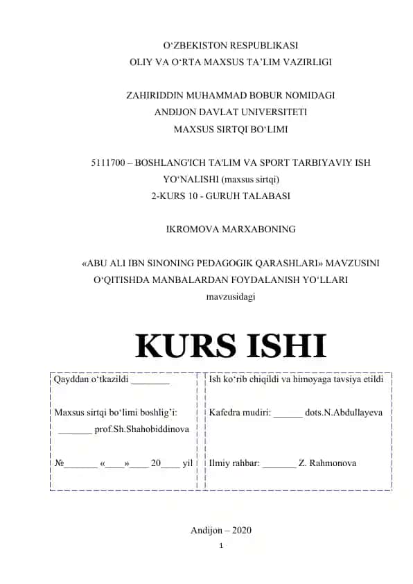 Abu Ali Ibn Sinoning Pedagogik Qarashlari