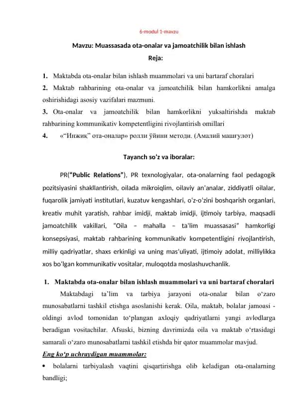 Muassasada ota-onalar va jamoatchilik bilan ishlash