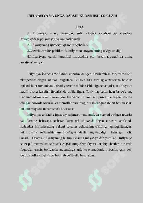 INFLYASIYA VA UNGA QARSHI KURASHISH YO‘LLARI