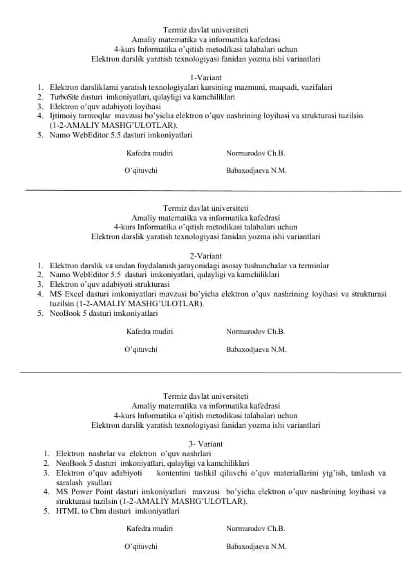 Elektron darslik yaratish texnologiyasi variantlari
