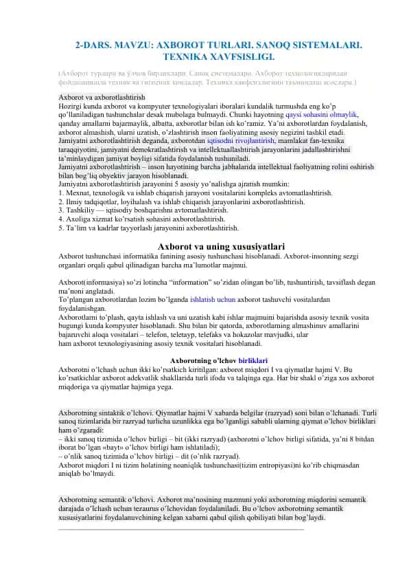 AXBOROT TURLARI. SANOQ SISTEMALARI. TEXNIKA XAVFSISLIGI