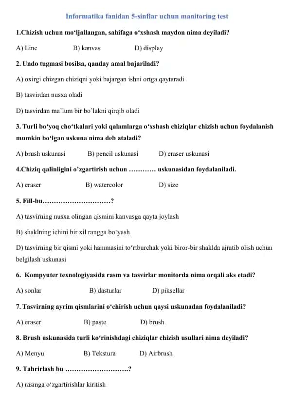 Informatika fanidan 5-sinflar uchun manitoring test