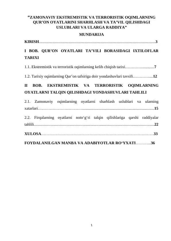 ZAMONAVIY EKSTREMISTIK VA TERRORISTIK OQIMLARNING QUR’ON OYATLARINI SHARHLASH VA TA’VIL QILISHDAGI USLUBLARI VA ULARGA RADDIYA