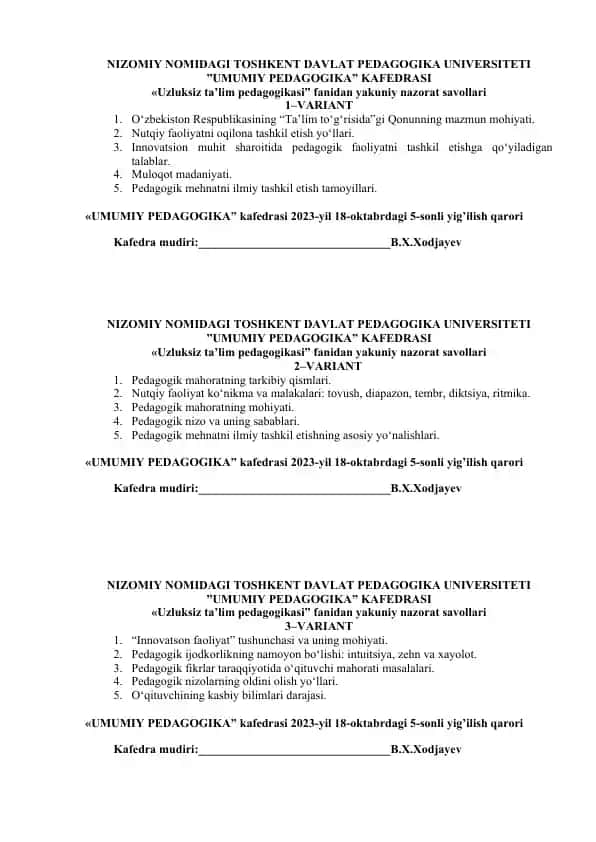 Yakuniy nazorat savollari Toshkent Davlat Pedagogika Universitetida
