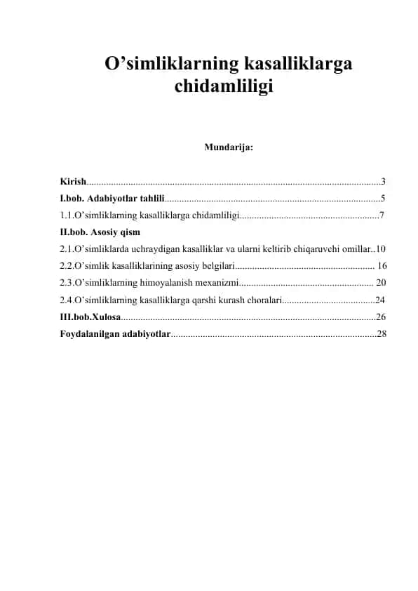 O’simliklarning kasalliklarga chidamliligi