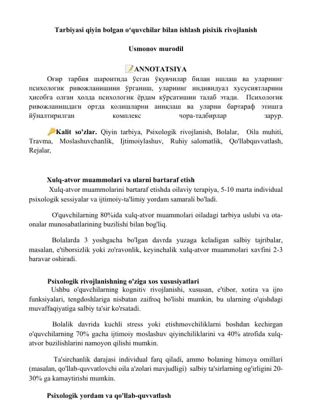 Xulq-atvor muammolari va ularni bartaraf etish