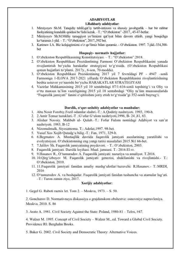 Darslik, o‘quv-uslubiy adabiyotlar va manbalar