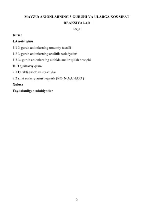 ANIONLARNING 3-GURUHI VA ULARGA XOS SIFAT REAKSIYALAR