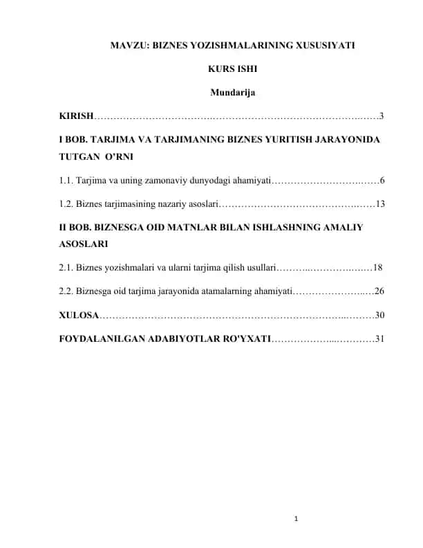 BIZNES YOZISHMALARINING XUSUSIYATI KURS ISHI