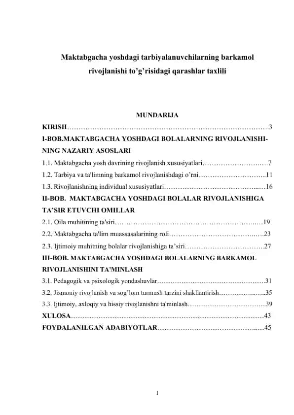 Maktabgacha yoshdagi tarbiyalanuvchilarning barkamol rivojlanishi to’g’risidagi qarashlar taxlili