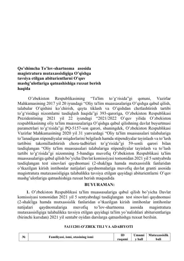 Magistratura mutaxassisligi bo‘yicha o‘quv mashg‘ulotlariga qatnashishga ruxsat berish