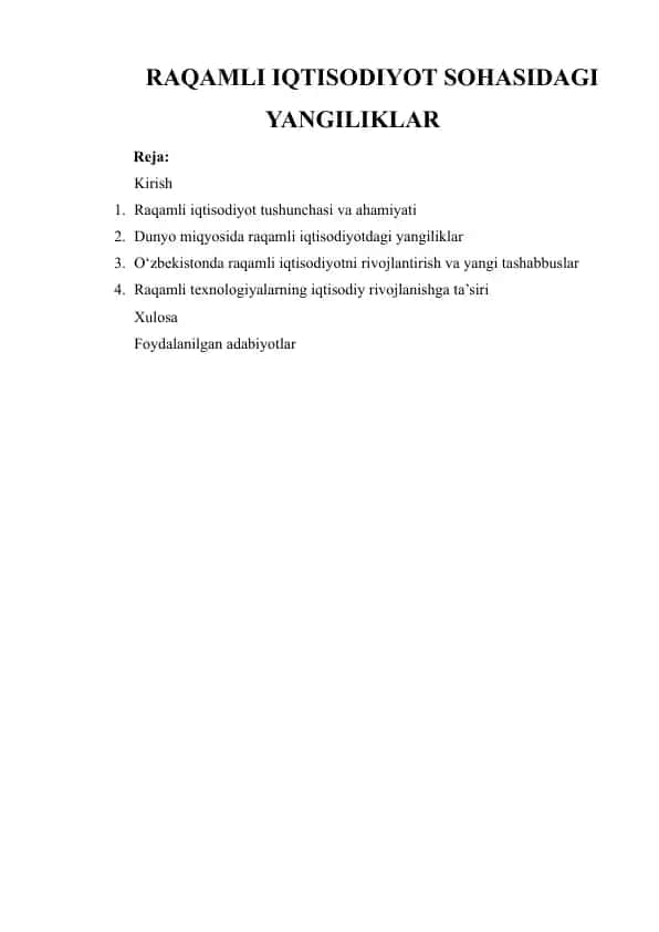 Raqamli iqtisodiyot sohasidagi yangiliklar