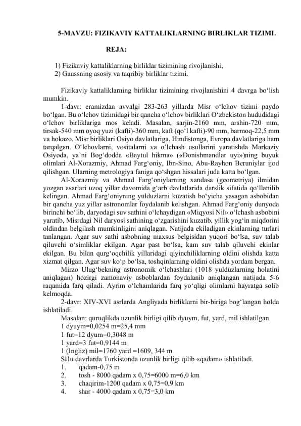 Fizikaviy Kattaliklarning Birliklar Tizimi