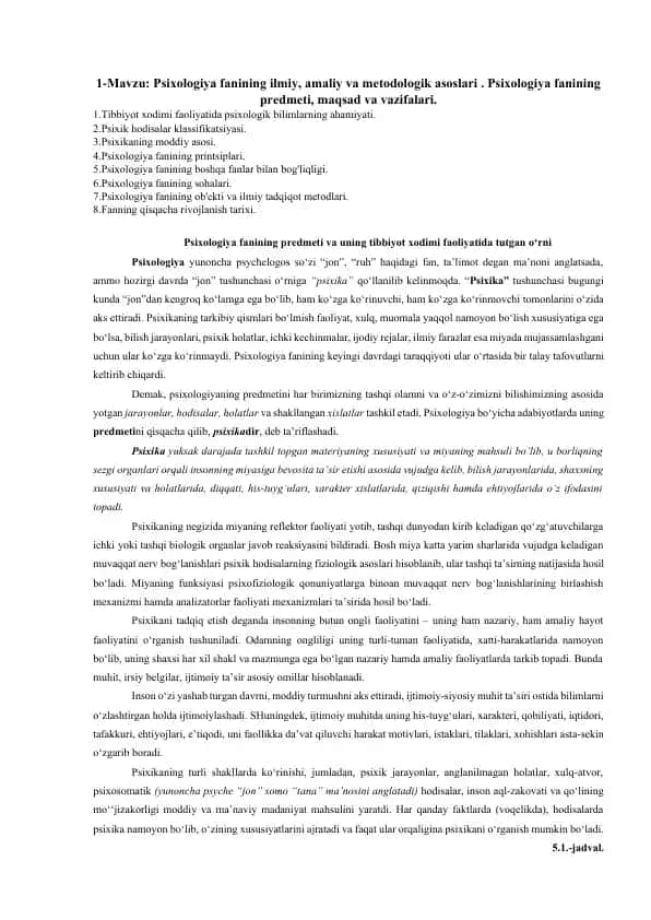 Psixologiya fanining ilmiy, amaliy va metodologik asoslari