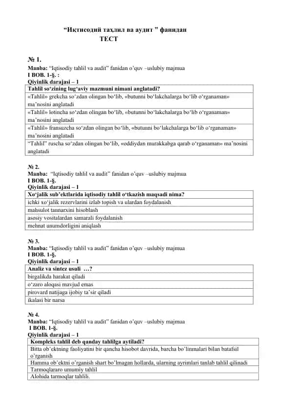 “Iqtisodiy tahlil va audit” fanidan TEST