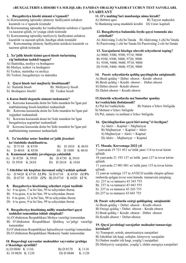 Buxgalteriya hisobi va soliqalar fanidan oralig' nazorat uchun test savollari