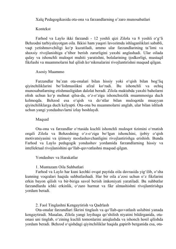 Xalq Pedagogikasida ota-ona va farzandlarning o’zaro munosabatlari