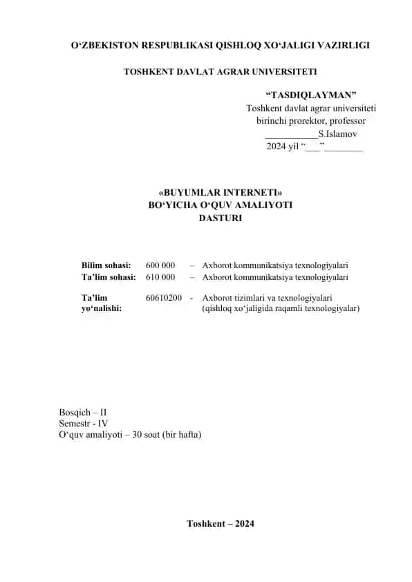 Buyumlar interneti o‘quv amaliyoti dasturi