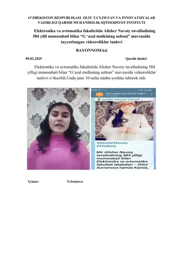 Videoroliklar tanlovi "G‘azal mulkining sultoni"