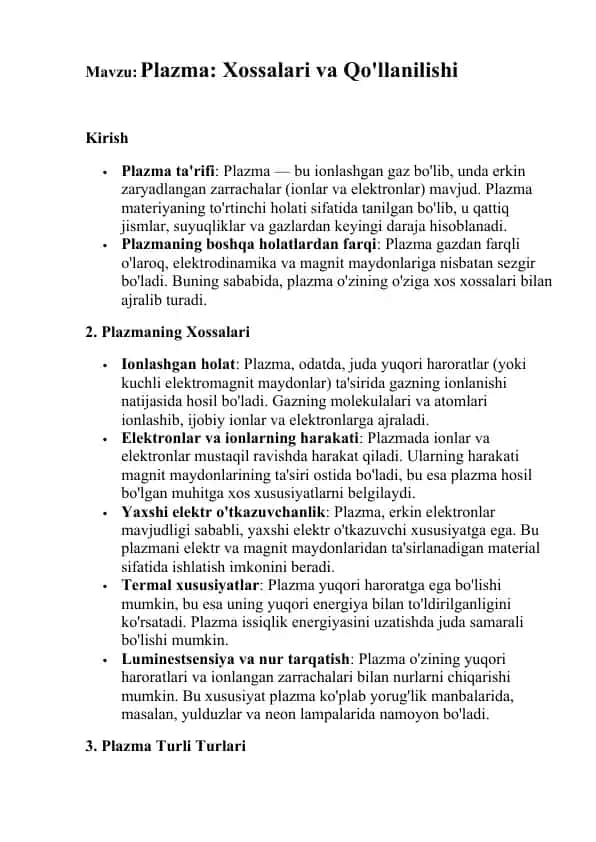 Plazma: Xossalari va Qo'llanilishi