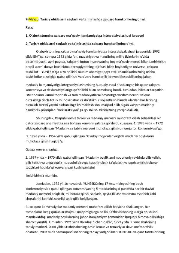 Tarixiy obidalarni saqlash va ta'mirlashda xalqaro hamkorlikning o‘rni