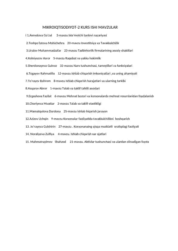 MIKROIQTISODIYOT-2 KURS ISHI MAVZULAR