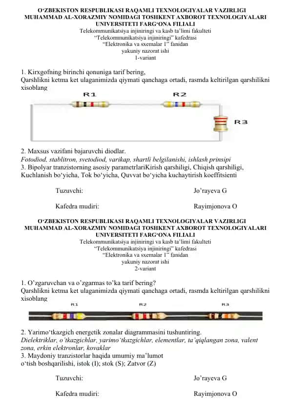 Elektronika va sxemalar 1 nazorati
