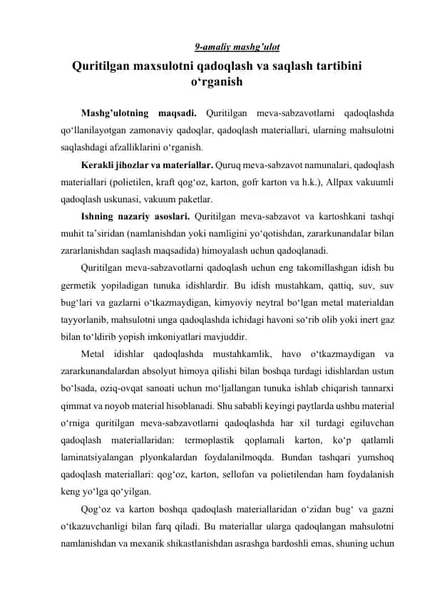 Quritilgan maxsulotni qadoqlash va saqlash tartibi