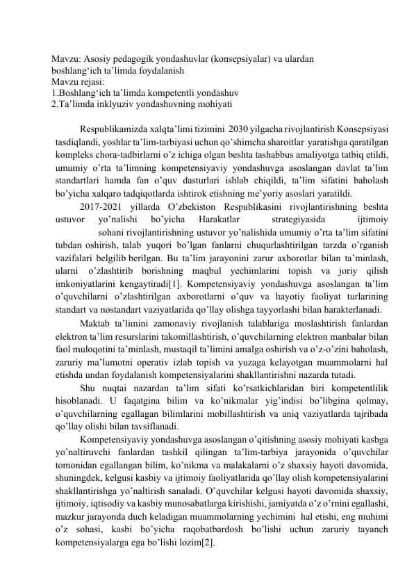 Asosiy pedagogik yondashuvlar (konsepsiyalar) va ulardan boshlang‘ich ta’limda foydalanish