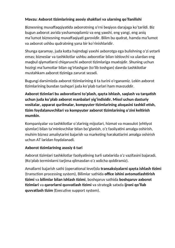 Axborot tizimlarining asosiy shakllari va ularning qo’llanilishi