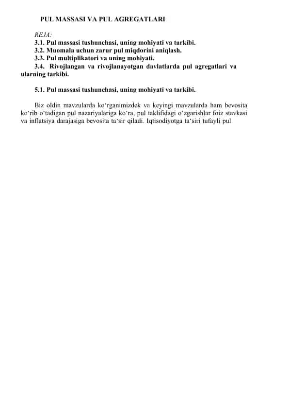 Pul massasi va pul agregatlari