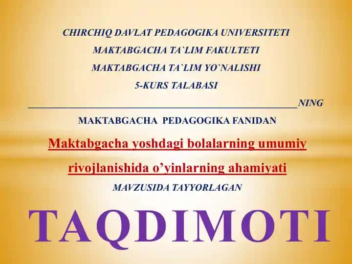 Maktabgacha Pedagogika Fanidan Taqdimot