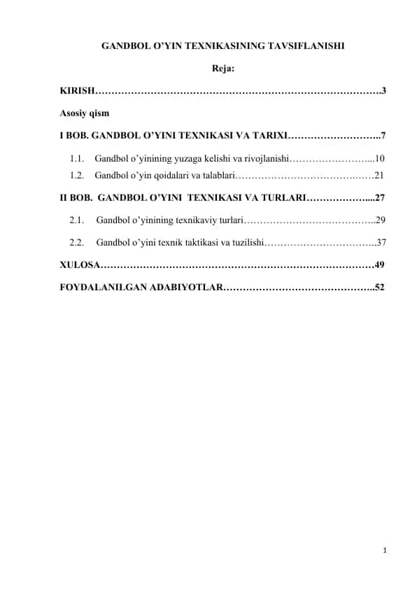 Gandbol o’yin texnikasining tavsiflanishi (kurs ishi)