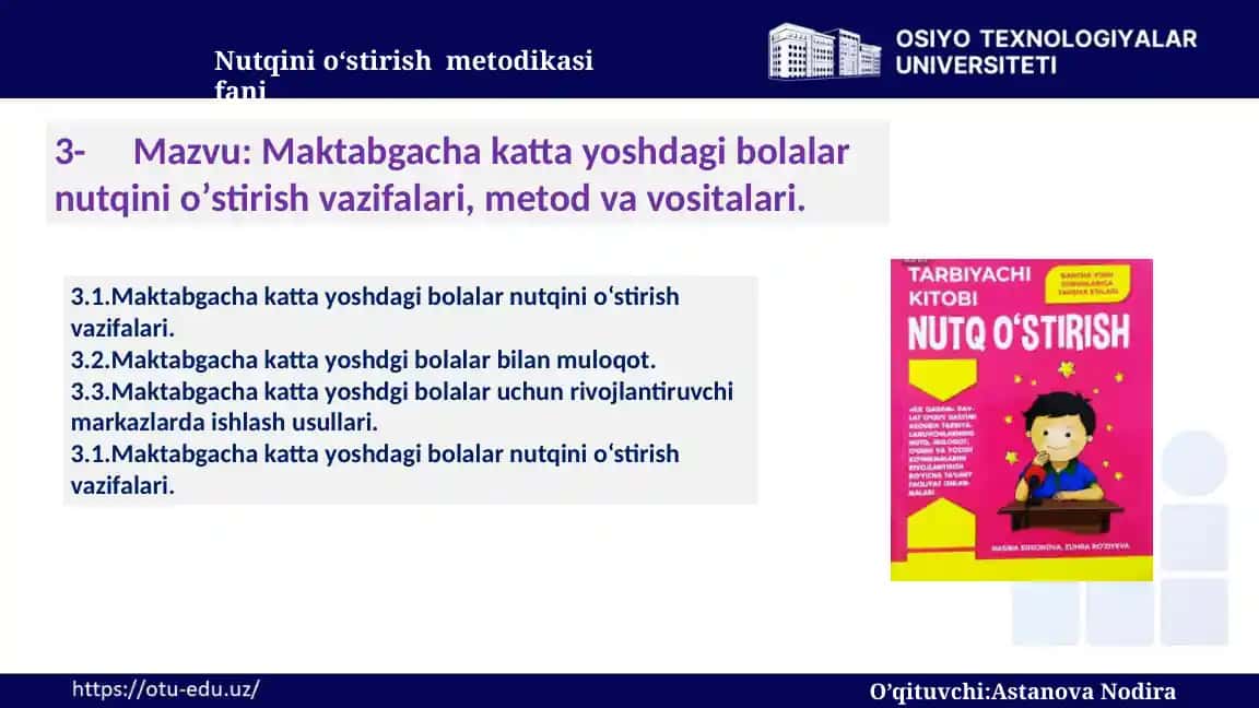 Maktabgacha katta yoshdagi bolalar nutqini o'stirish vazifalari, metod va vositalari