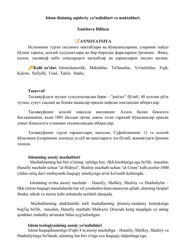 Islom dinining aqidaviy yo’nalishlari va maktablari.