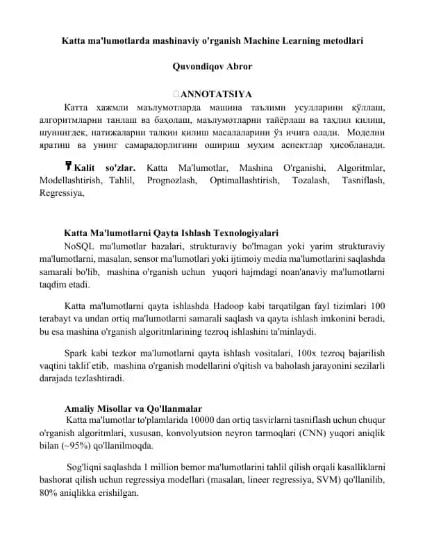 Katta ma'lumotlarda mashinaviy o'rganish Machine Learning metodlari