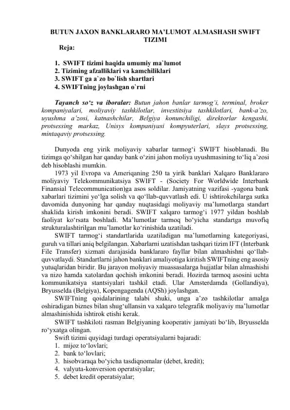 SWIFT tizimi haqida ma’lumotlar