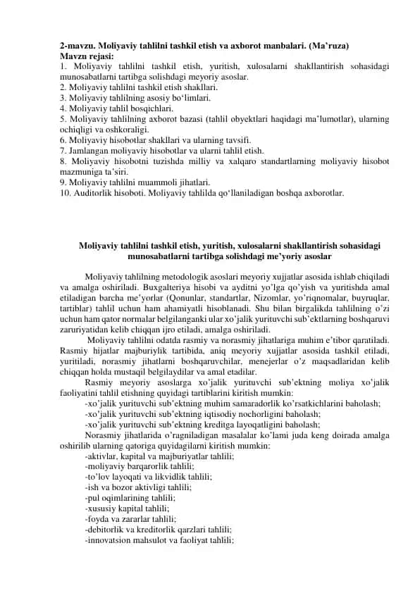 Moliyaviy tahlilni tashkil etish va axborot manbalari
