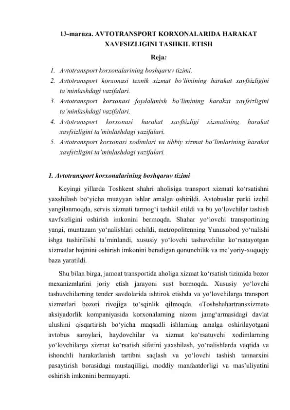 AVTOTRANSPORT KORXONALARIDA HARAKAT XAVFSIZLIGINI TASHKIL ETISH