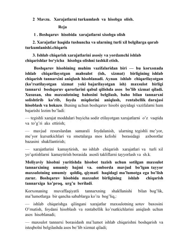 Xarajatlarni turkumlash va hisobga olish