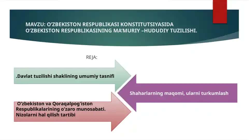 O’ZBEKISTON RESPUBLIKASI KONSTITUTSIYASIDA O’ZBEKISTON RESPUBLIKASINING MA’MURIY –HUDUDIY TUZILISHI