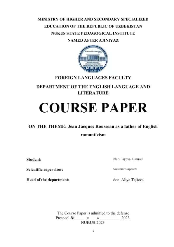 Course Paper on "Jean Jacques Rousseau as a father of English romanticism"